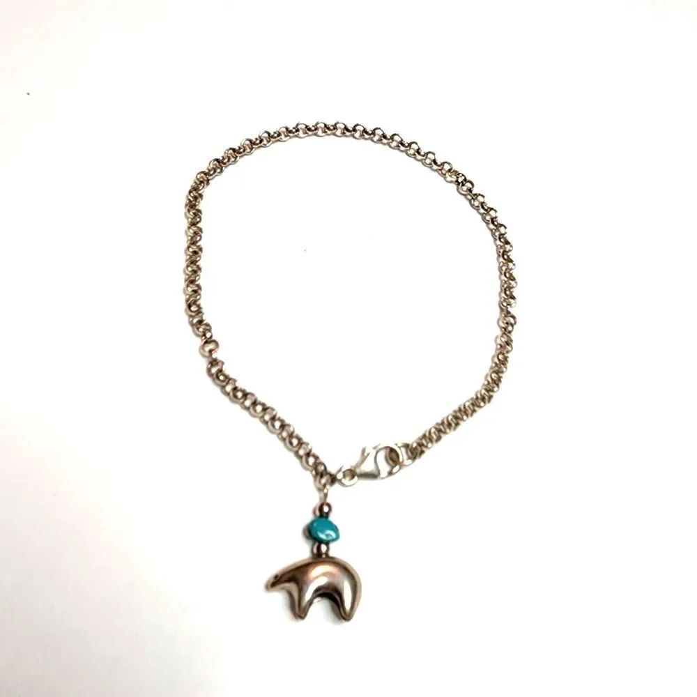 Turquoise and Silver Ankle Bracelet with Bear Charm 9"